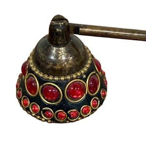 VTG Brass Candle Snuffer with Red Stones Jewels 11" Long Handle